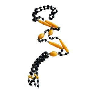 Vtg Flapper Necklace Beaded French Art Deco Glass Carved Black Tassel yellow 29"